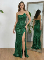 Ruffles Sequin Strapless Pleated Sparkly Prom Dresses with Slit