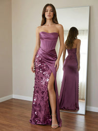 Satin Strapless Sequin Pleated Sparkly Prom Dresses with Slit