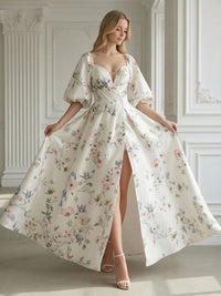 Short Sleeves Sweetheart Floral Print Pleated A Line Prom Dresses with Slit