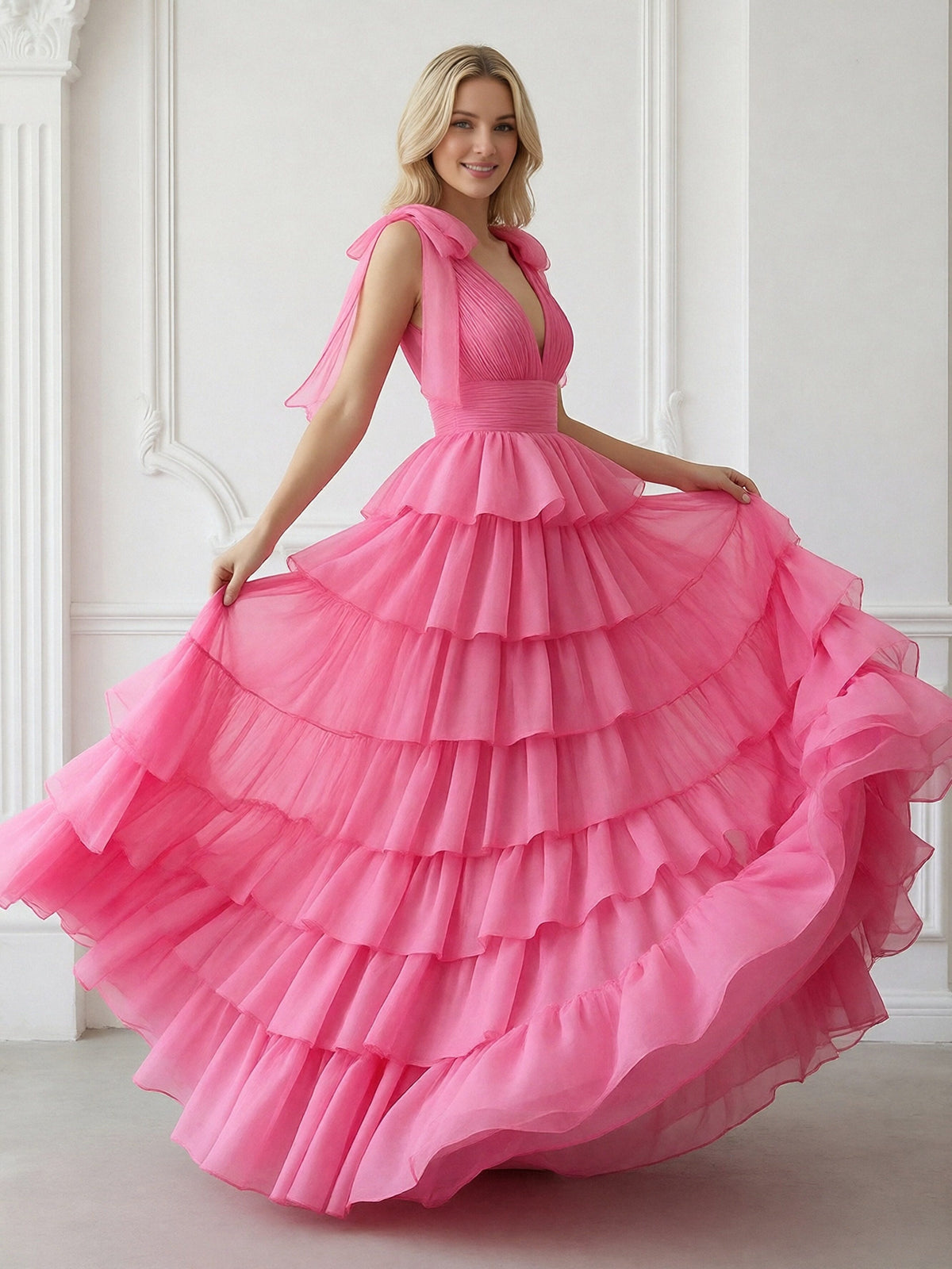 Bow Spaghetti Straps Tiered V Neck Tulle Corset A Line Prom Dresses