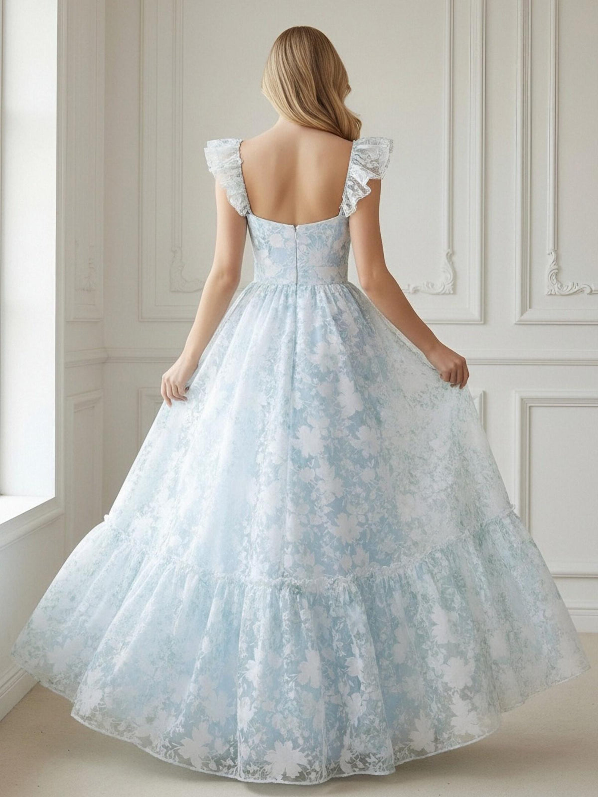 Spaghetti Straps Lace Appliques V Neck Floral Print Corset A Line Prom Dresses
