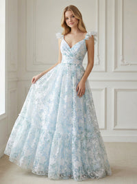 Spaghetti Straps Lace Appliques V Neck Floral Print Corset A Line Prom Dresses