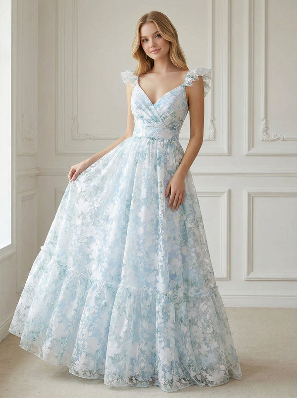 Spaghetti Straps Lace Appliques V Neck Floral Print Corset A Line Prom Dresses