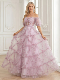Tiered Lace Appliques Strapless Tulle Tiered A Line Prom Dresses