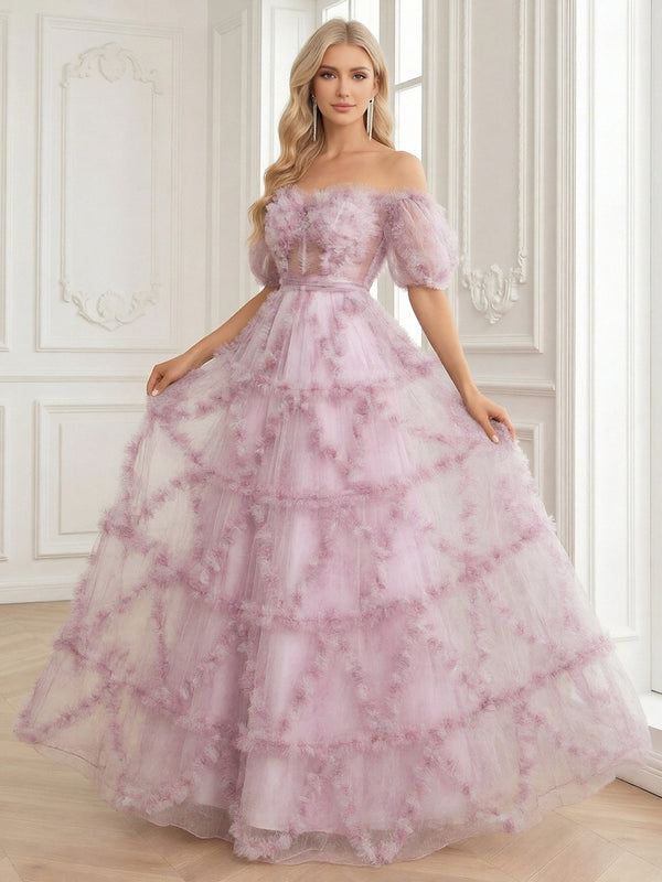 Tiered Lace Appliques Strapless Tulle Tiered A Line Prom Dresses