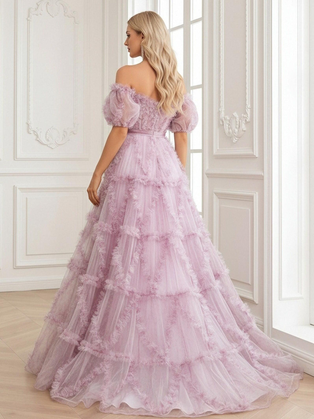 Tiered Lace Appliques Strapless Tulle Tiered A Line Prom Dresses
