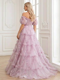 Tiered Lace Appliques Strapless Tulle Tiered A Line Prom Dresses
