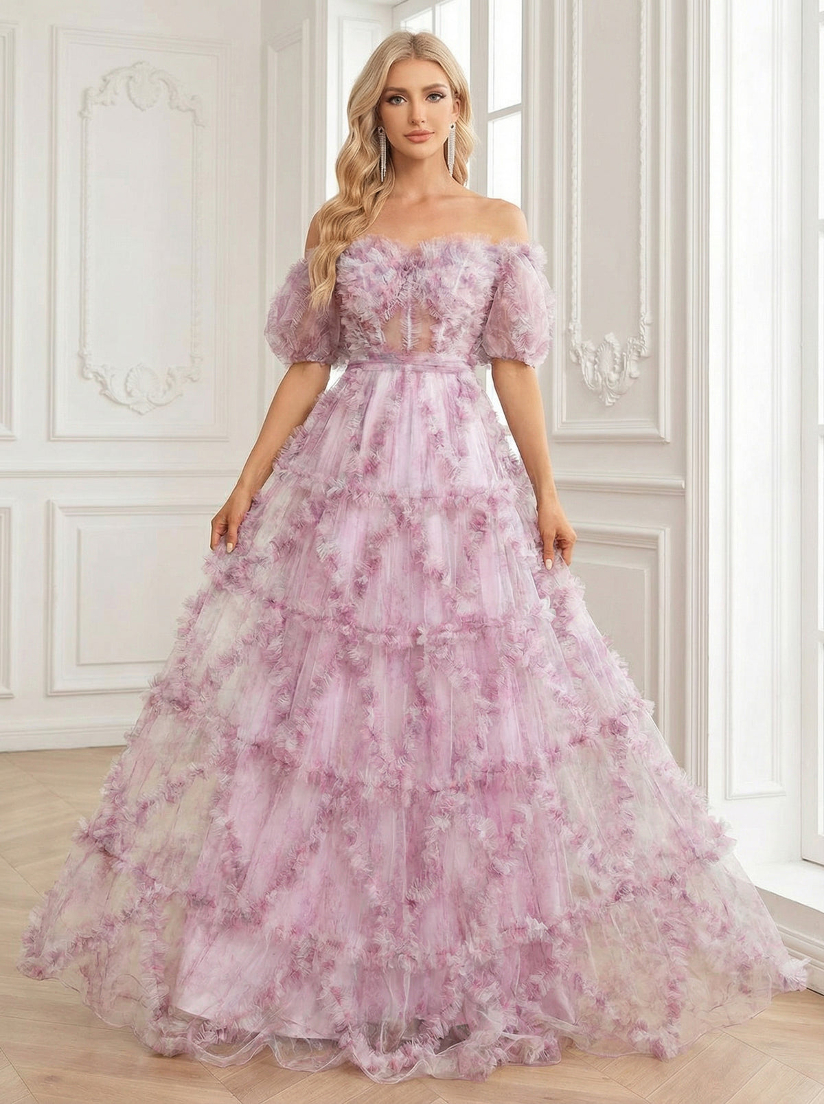 Tiered Lace Appliques Strapless Tulle Tiered A Line Prom Dresses