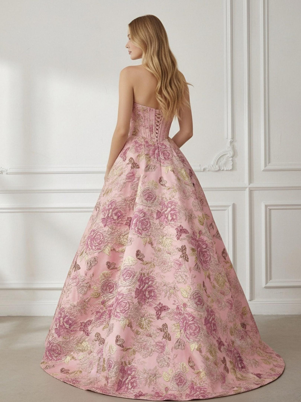 Strapless Floral Print Corset Sleeveless A Line Prom Dresses