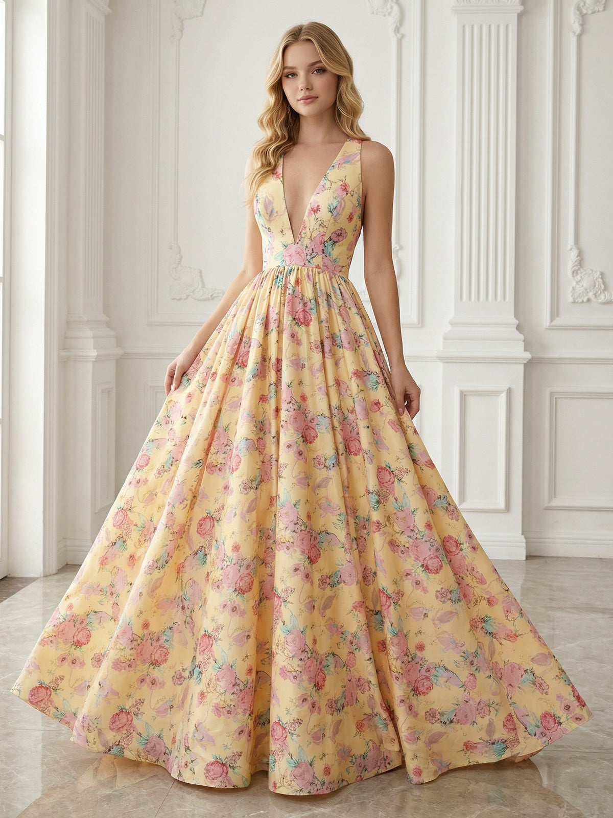 V Neck Pleated Floral Print Sleeveless A Line Prom Dresses