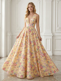 V Neck Pleated Floral Print Sleeveless A Line Prom Dresses