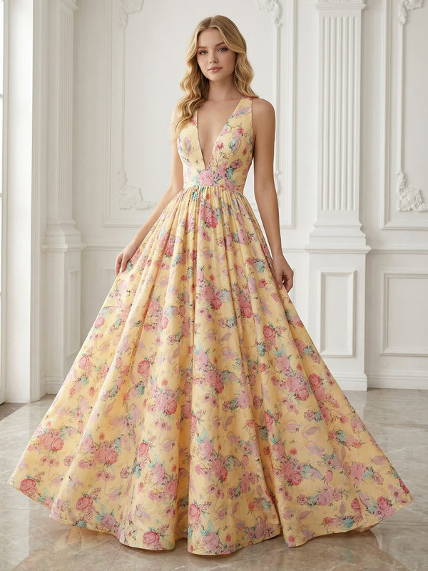 V Neck Pleated Floral Print Sleeveless A Line Prom Dresses