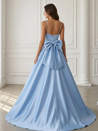 Spaghetti Straps V Neck Satin Corset A Line Prom Dresses with Bow