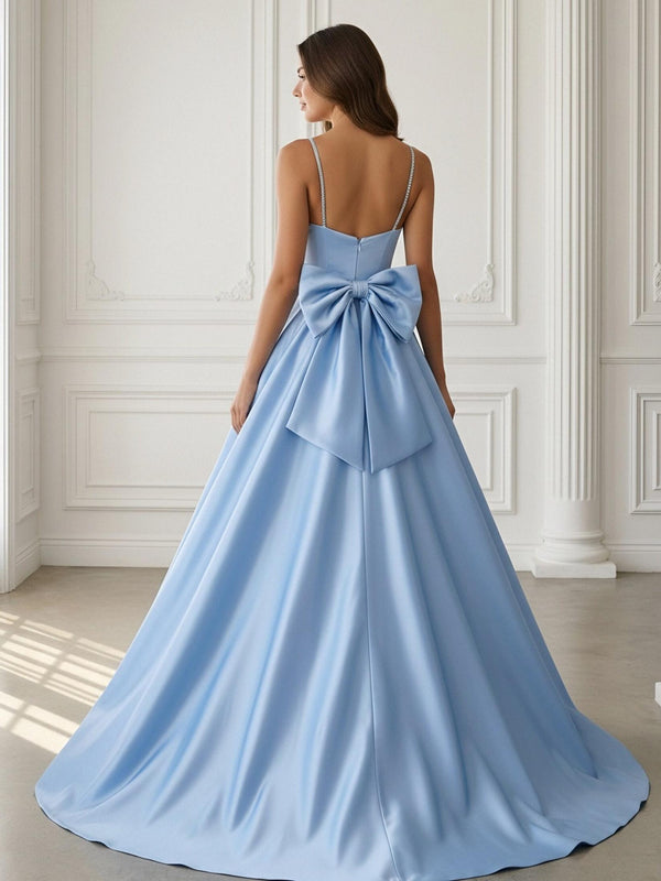Spaghetti Straps V Neck Satin Corset A Line Prom Dresses with Bow