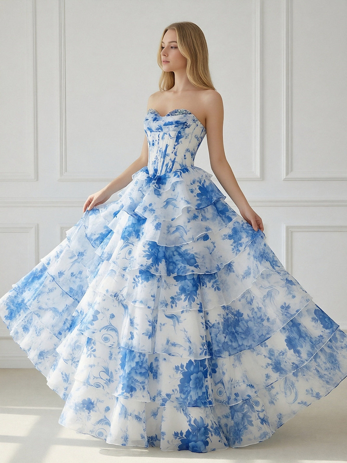 Strapless Tiered Corset Floral Print Sleeveless A Line Prom Dresses