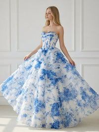 Strapless Tiered Corset Floral Print Sleeveless A Line Prom Dresses