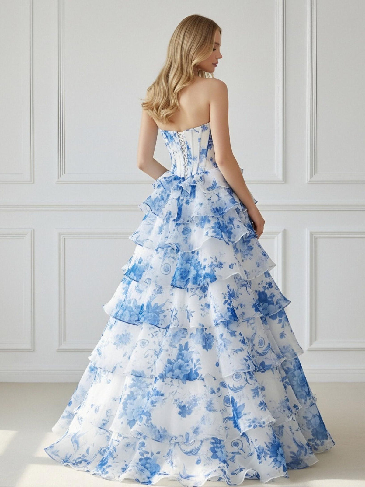 Strapless Tiered Corset Floral Print Sleeveless A Line Prom Dresses