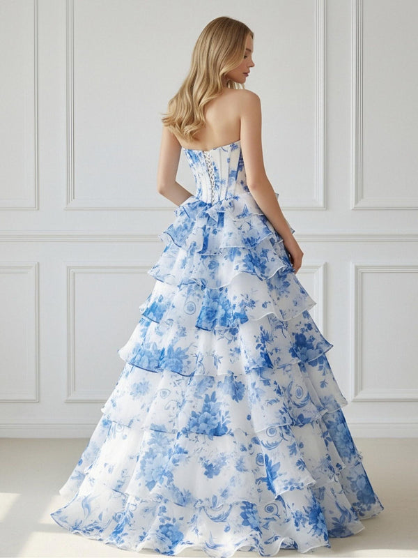 Strapless Tiered Corset Floral Print Sleeveless A Line Prom Dresses