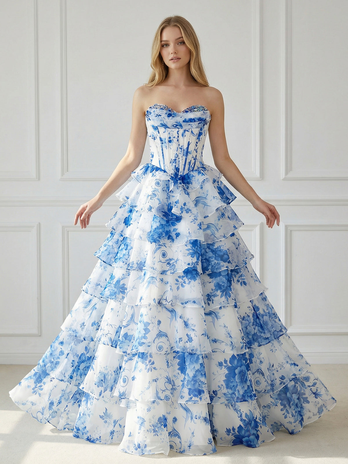 Strapless Tiered Corset Floral Print Sleeveless A Line Prom Dresses