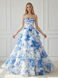 Strapless Tiered Corset Floral Print Sleeveless A Line Prom Dresses