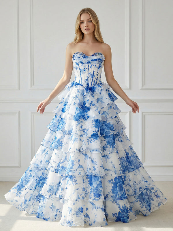 Strapless Tiered Corset Floral Print Sleeveless A Line Prom Dresses