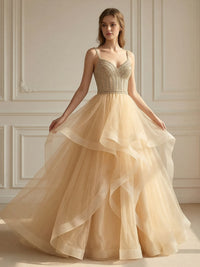 Spaghetti Straps Ruffles Lace Appliques Sweetheart Tulle Corset A Line Prom Dresses