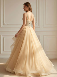 Spaghetti Straps Ruffles Lace Appliques Sweetheart Tulle Corset A Line Prom Dresses
