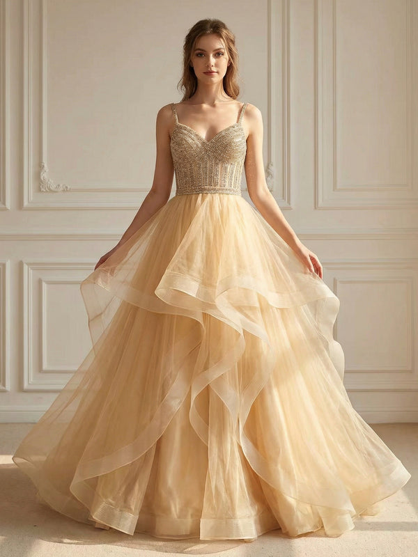 Spaghetti Straps Ruffles Lace Appliques Sweetheart Tulle Corset A Line Prom Dresses