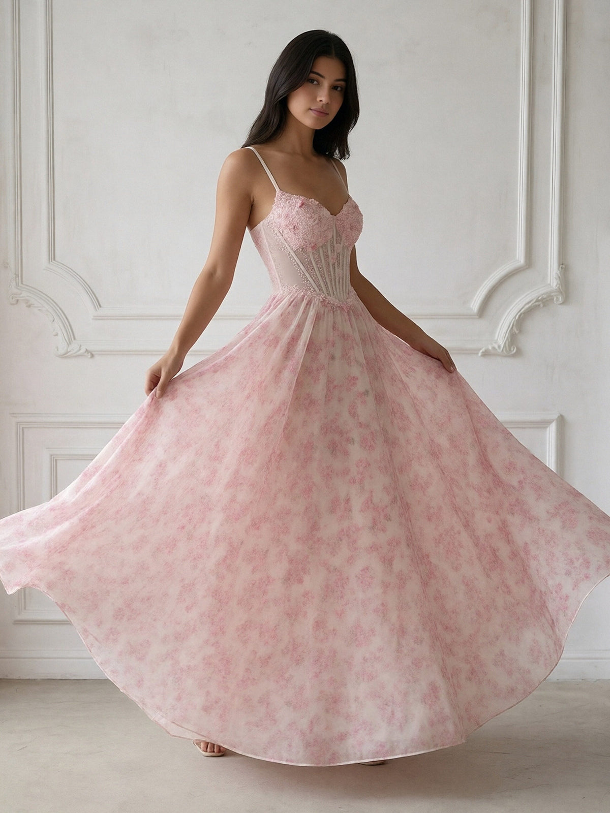 Spaghetti Straps Lace Appliques V Neck Floral Print A Line Prom Dresses