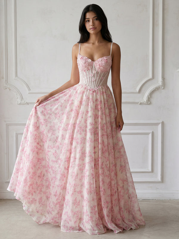 Spaghetti Straps Lace Appliques V Neck Floral Print A Line Prom Dresses