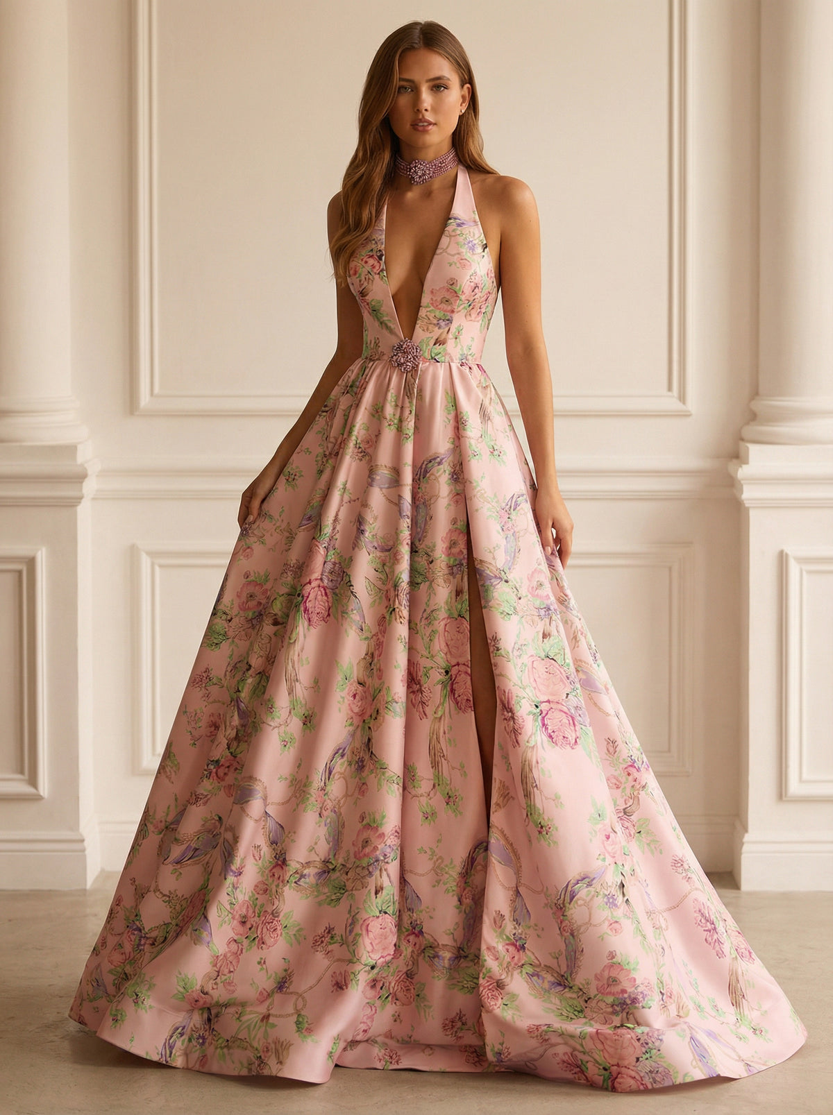 V Neck Floral Print Sleeveless A Line Prom Dresses