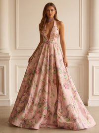 V Neck Floral Print Sleeveless A Line Prom Dresses