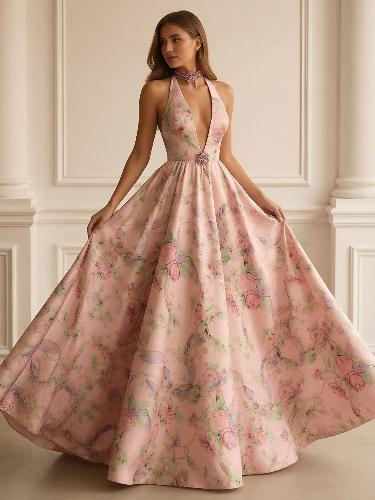 V Neck Floral Print Sleeveless A Line Prom Dresses