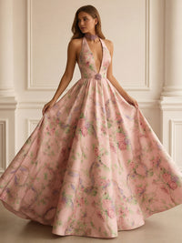 V Neck Floral Print Sleeveless A Line Prom Dresses