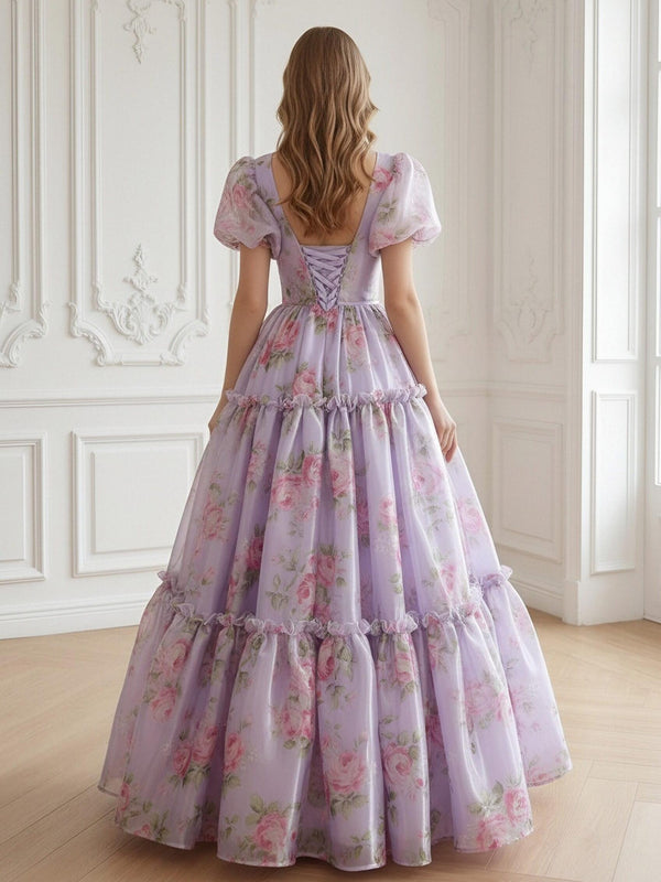 V Neck Tiered Short Sleeves Floral Print A Line Prom Dresses
