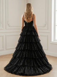Spaghetti Straps Cut Out Lace Appliques Tiered Tulle A Line Prom Dresses