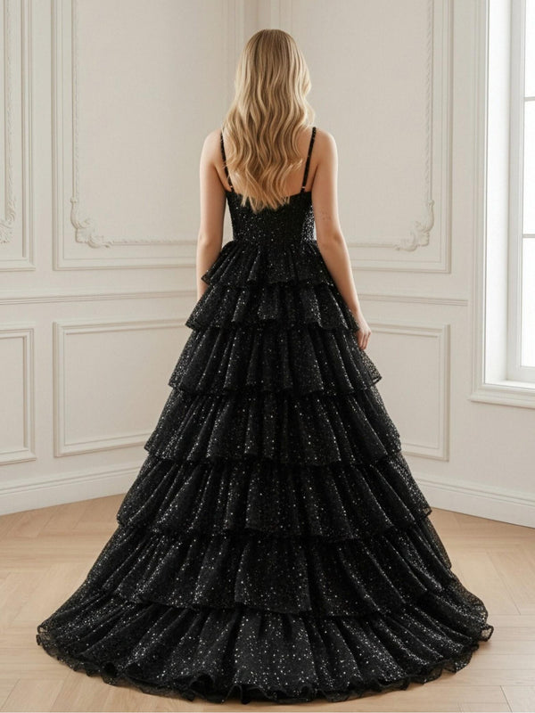 Spaghetti Straps Cut Out Lace Appliques Tiered Tulle A Line Prom Dresses