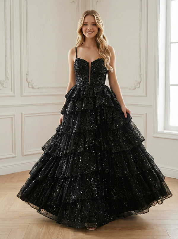 Spaghetti Straps Cut Out Lace Appliques Tiered Tulle A Line Prom Dresses