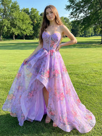 Floral Print Strapless Pleated A Line Prom Dresses with Slit