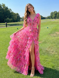 Tiered Bow V Neck Floral Print Pleated A Line Prom Dresses with Slit