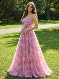 Spaghetti Straps V Neck Floral Print Pleated A Line Prom Dresses