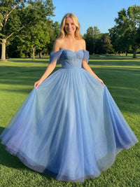 Off the Shoulder Tulle V Neck Satin Corset A Line Sleeveless Prom Dresses with Slit