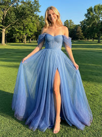 Off the Shoulder Tulle V Neck Satin Corset A Line Sleeveless Prom Dresses with Slit