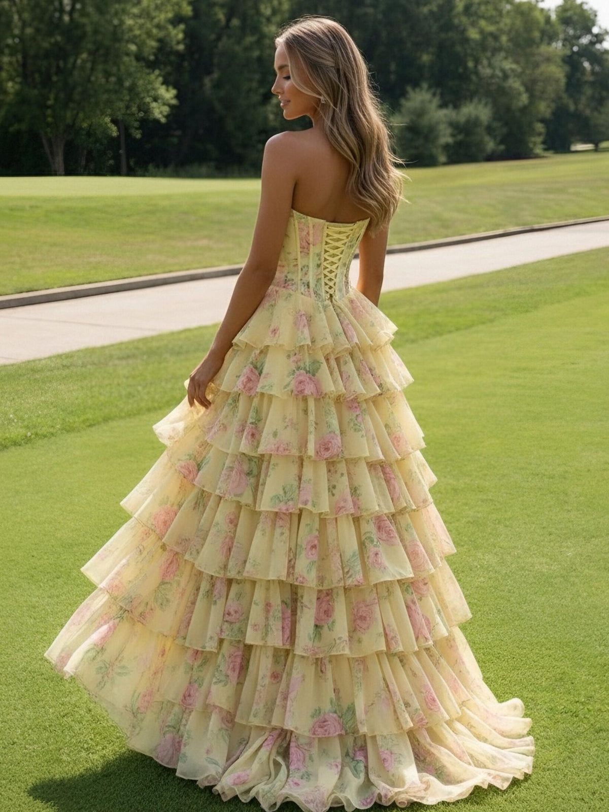 Strapless Tiered Corset Floral Print Sleeveless A Line Prom Dresses with Slit
