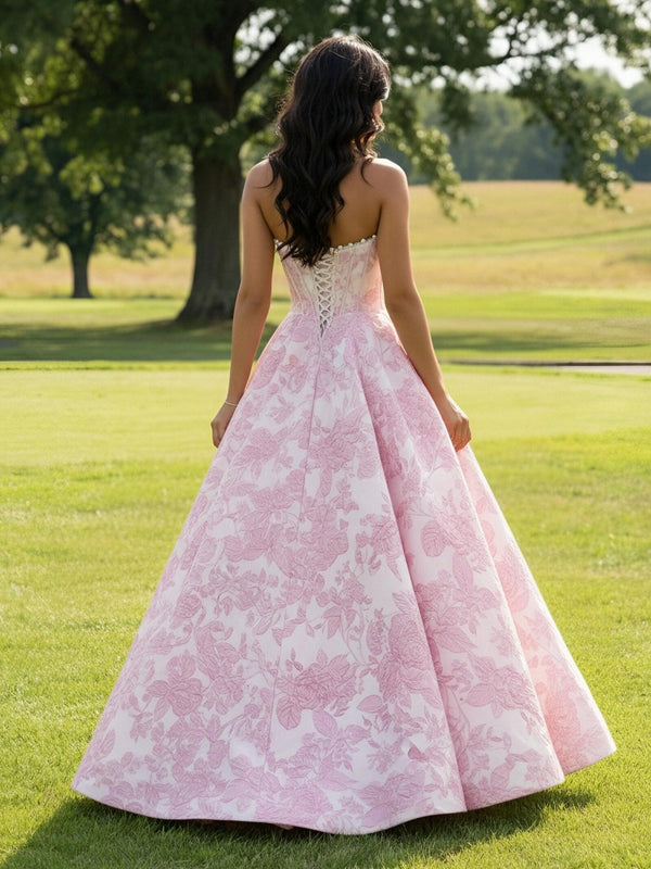 Drop Waist Floral Print Strapless Sleeveless Corset A Line Prom Dresses