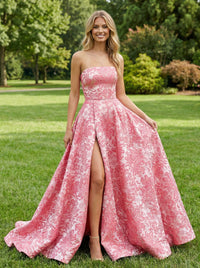 Floral Print Strapless Sleeveless Corset A Line Prom Dresses with Slit