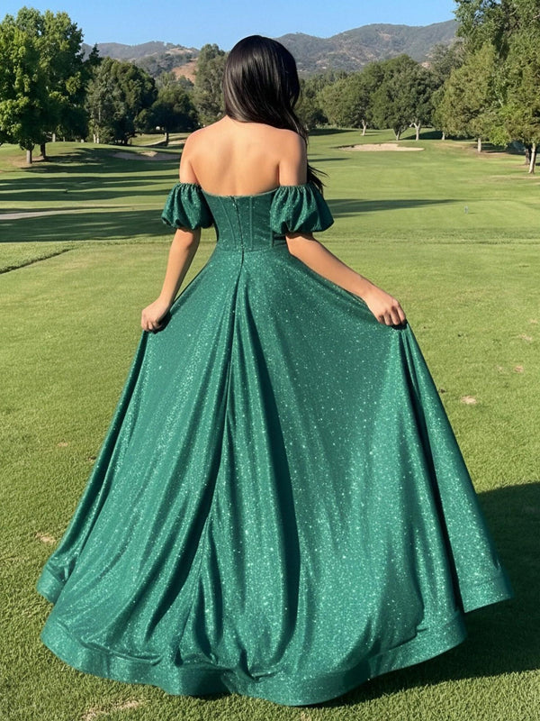 Off the Shoulder Short Sleeves Sweetheart Sequin A Line Prom Dresses