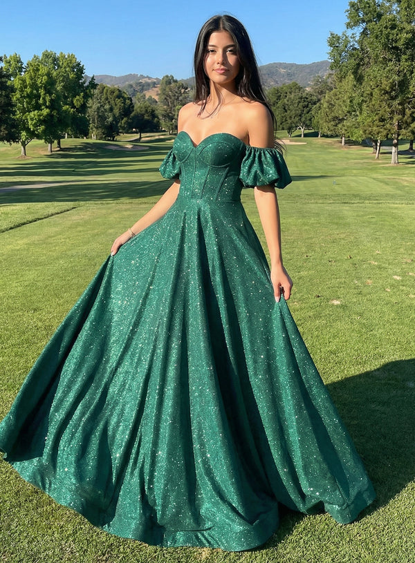 Off the Shoulder Short Sleeves Sweetheart Sequin A Line Prom Dresses