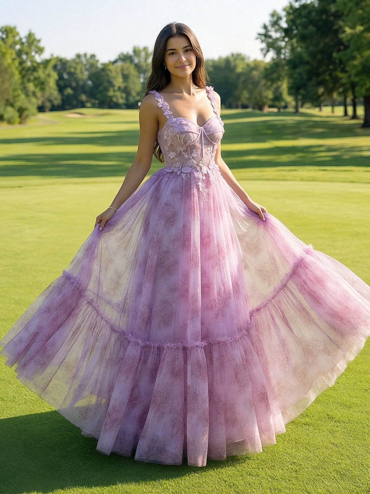 Long Spaghetti Straps Lace Appliques V Neck Floral Print A Line Prom Dresses
