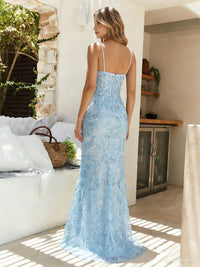 Spaghetti Straps Lace Appliques V Neck Tulle Sparkly Mermaid Prom Dresses